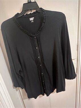 Lands' End Black Ruffle-Trim Button Front Blouse